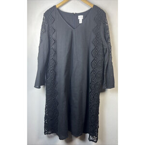 Womens Black shift Crochet Lace dress Chico's 3 lined Long Sleeve XL Boho